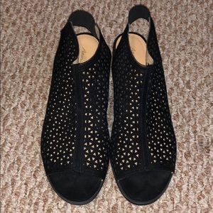 black, open toed, eyelet block heels (size 10)